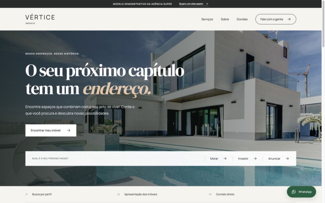Prévia real do modelo VÉRTICE para Imobiliária e corretores